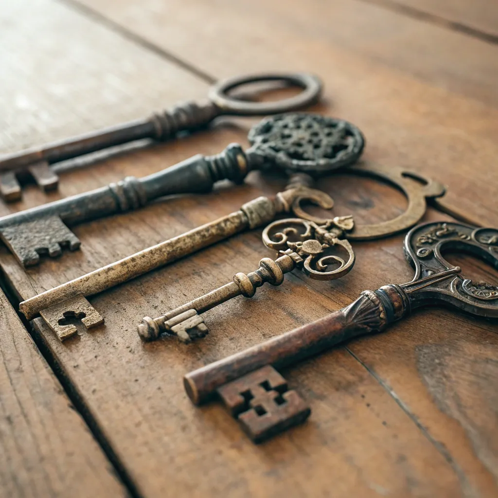 Old-fashioned keys laid out